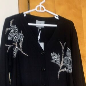 Elegant Black Cardigan with Embellished Floral Design